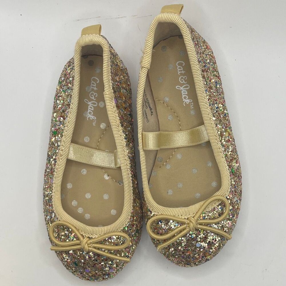 Cat & Jack Girls Size 5 Glitter Ballet Flats Gold Bow Sparkly Slip-On Dress Shoe